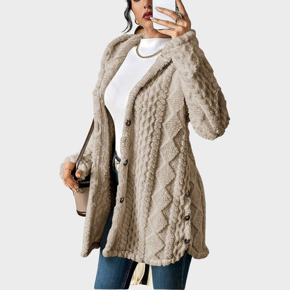 Women's Buttoned Longline Plush Hooded Cardigan