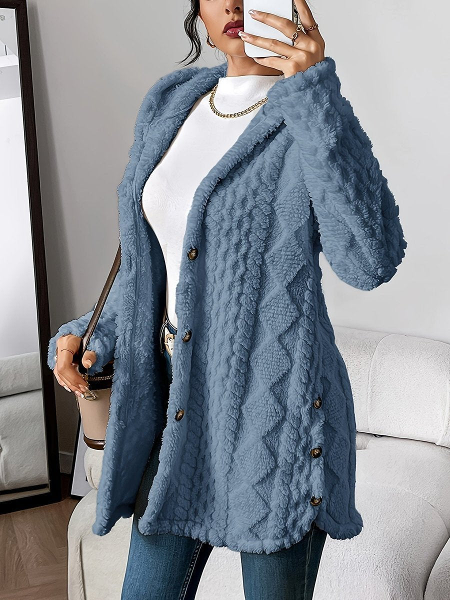 Women's Buttoned Longline Plush Hooded Cardigan