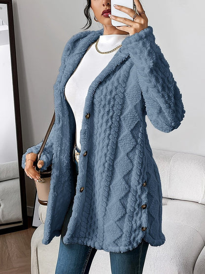 Women's Buttoned Longline Plush Hooded Cardigan