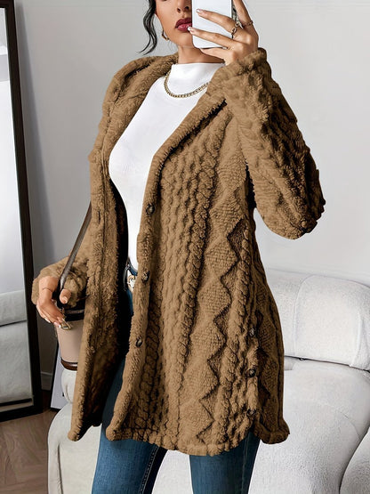 Women's Buttoned Longline Plush Hooded Cardigan
