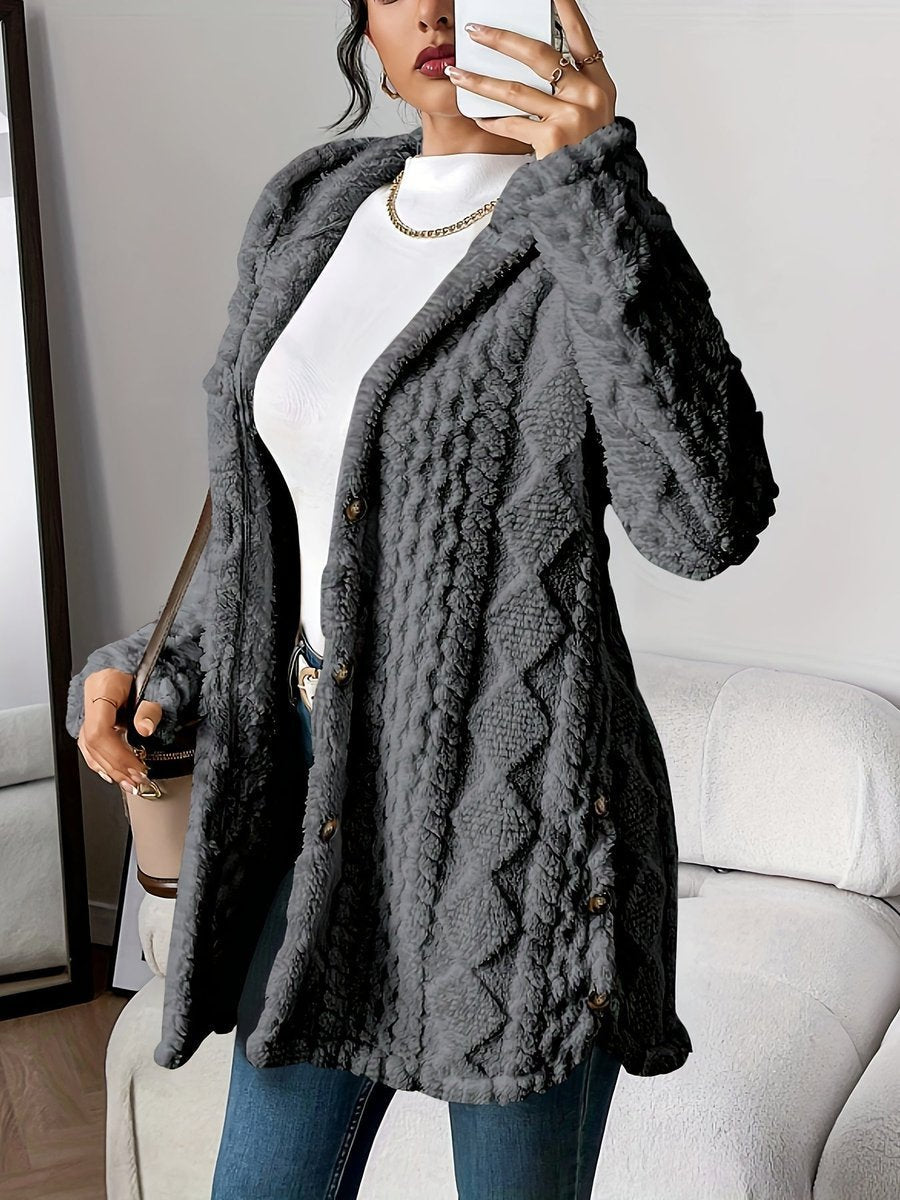 Women's Buttoned Longline Plush Hooded Cardigan