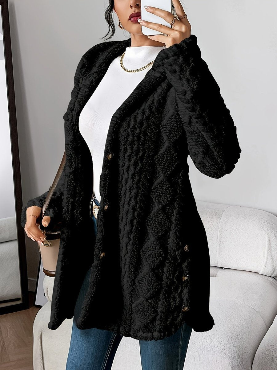 Women's Buttoned Longline Plush Hooded Cardigan