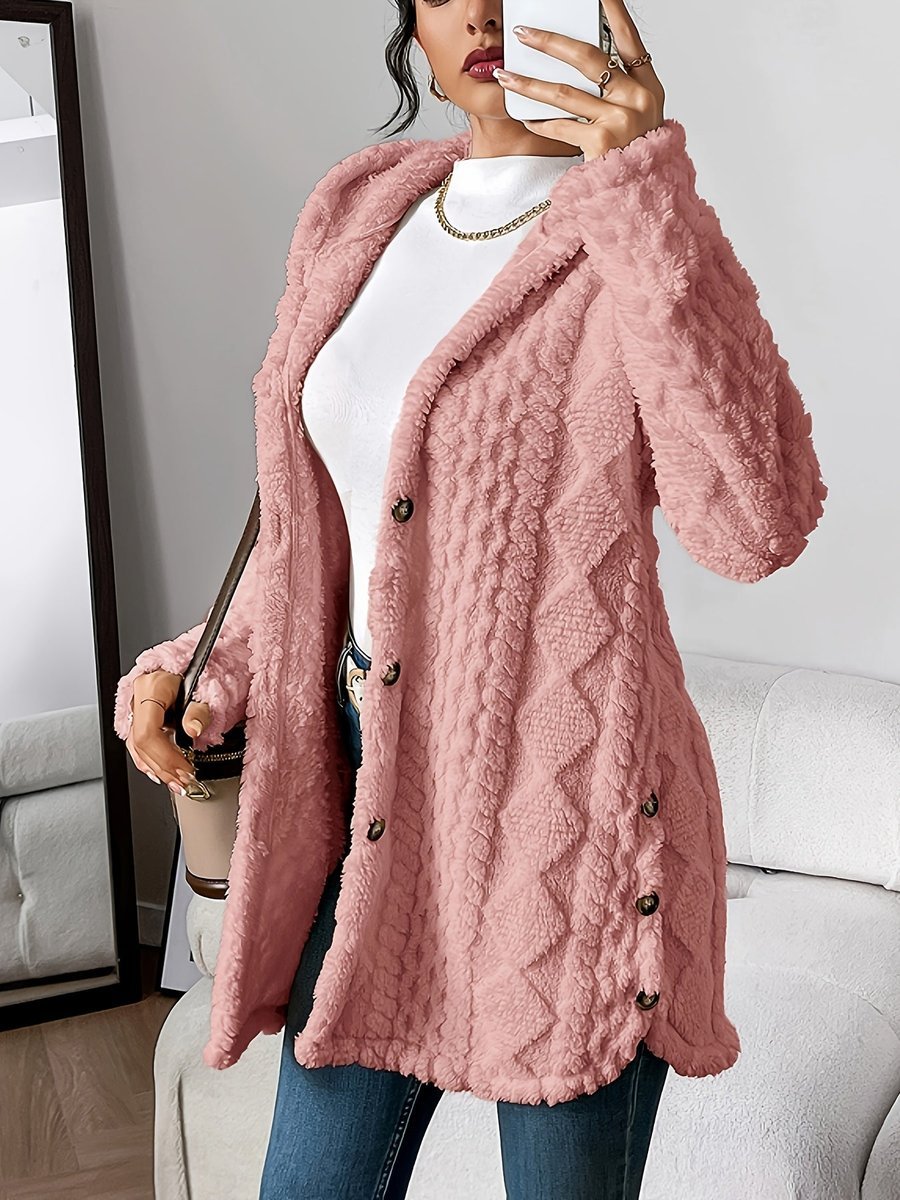 Women's Buttoned Longline Plush Hooded Cardigan