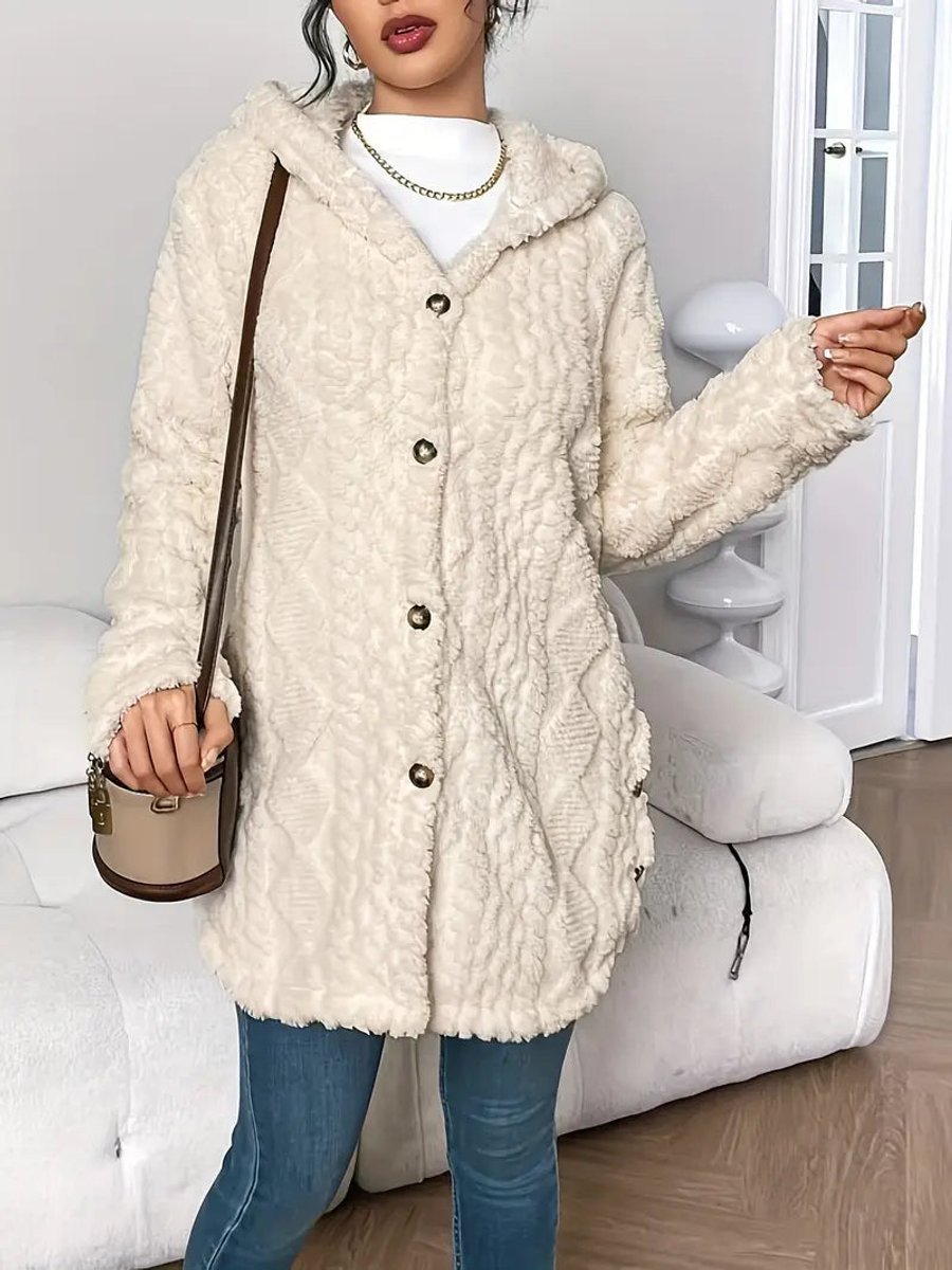Women's Buttoned Longline Plush Hooded Cardigan