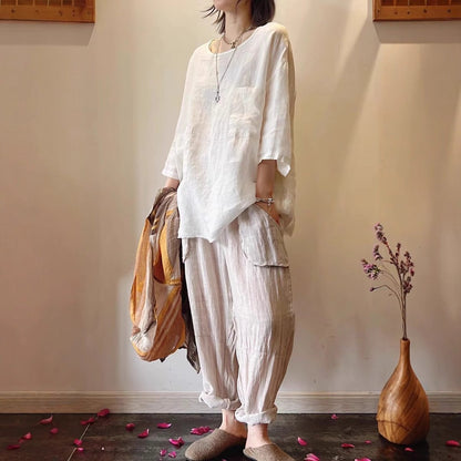 Women's Loose-Fit Linen Tunic Top with Front Patch Pockets