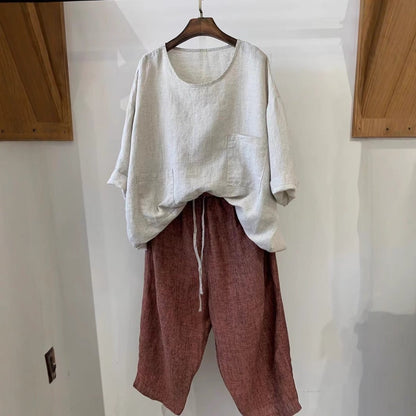 Women's Loose-Fit Linen Tunic Top with Front Patch Pockets