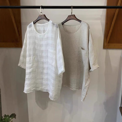 Women's Loose-Fit Linen Tunic Top with Front Patch Pockets