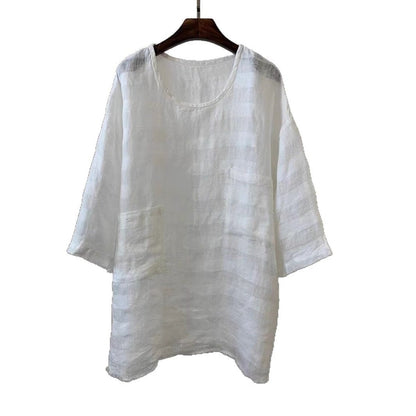 Women's Loose-Fit Linen Tunic Top with Front Patch Pockets