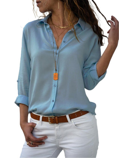 Women's Breathable Button-Down Blouse with Roll-Tab Sleeves