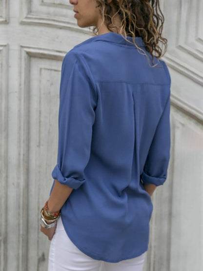 Women's Breathable Button-Down Blouse with Roll-Tab Sleeves