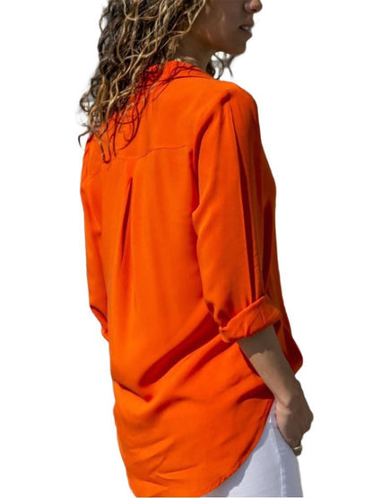 Women's Breathable Button-Down Blouse with Roll-Tab Sleeves