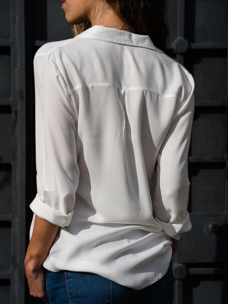 Women's Breathable Button-Down Blouse with Roll-Tab Sleeves
