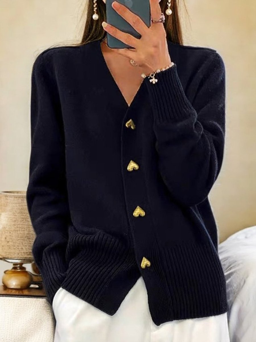Women's Relaxed V-Neck Knit Cardigan with Gold-Tone Heart Buttons