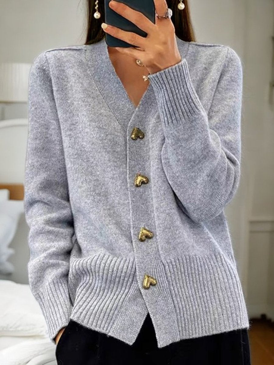 Women's Relaxed V-Neck Knit Cardigan with Gold-Tone Heart Buttons