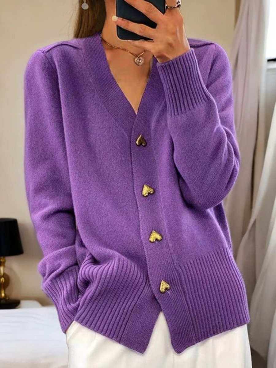 Women's Relaxed V-Neck Knit Cardigan with Gold-Tone Heart Buttons
