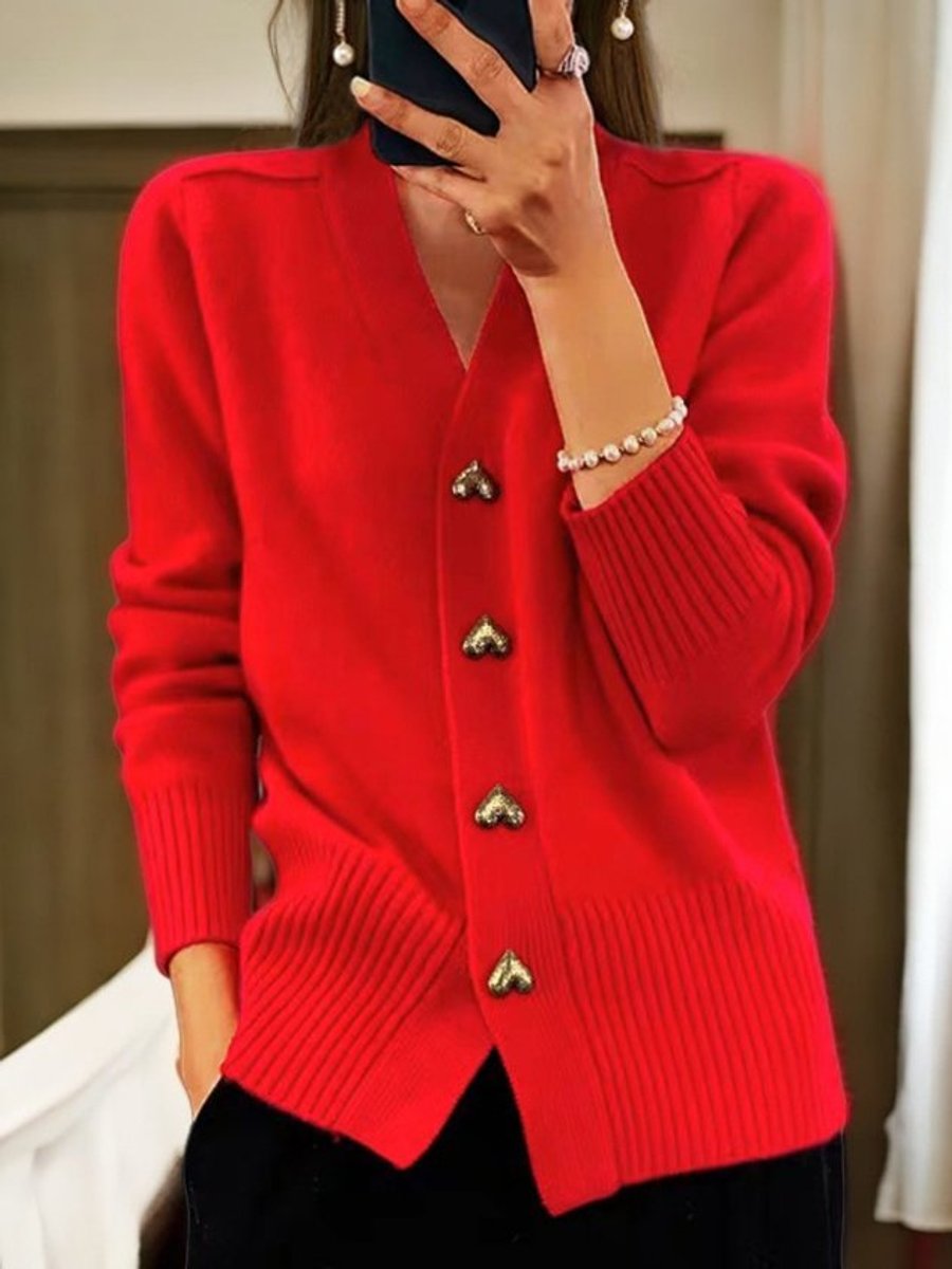 Women's Relaxed V-Neck Knit Cardigan with Gold-Tone Heart Buttons