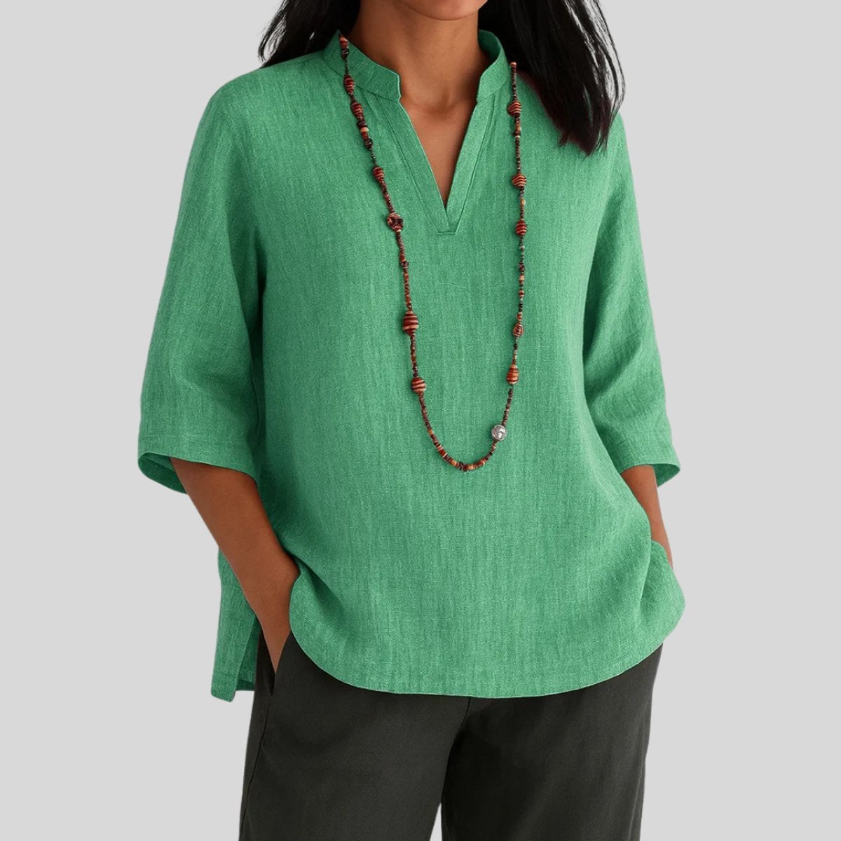Women's 3/4-Sleeve Linen V-Neck Relaxed Tunic