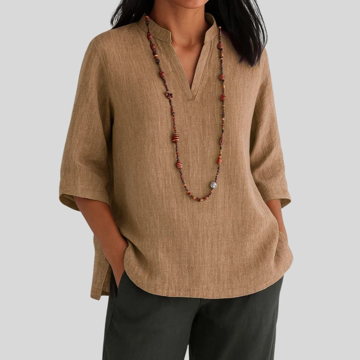 Women's 3/4-Sleeve Linen V-Neck Relaxed Tunic