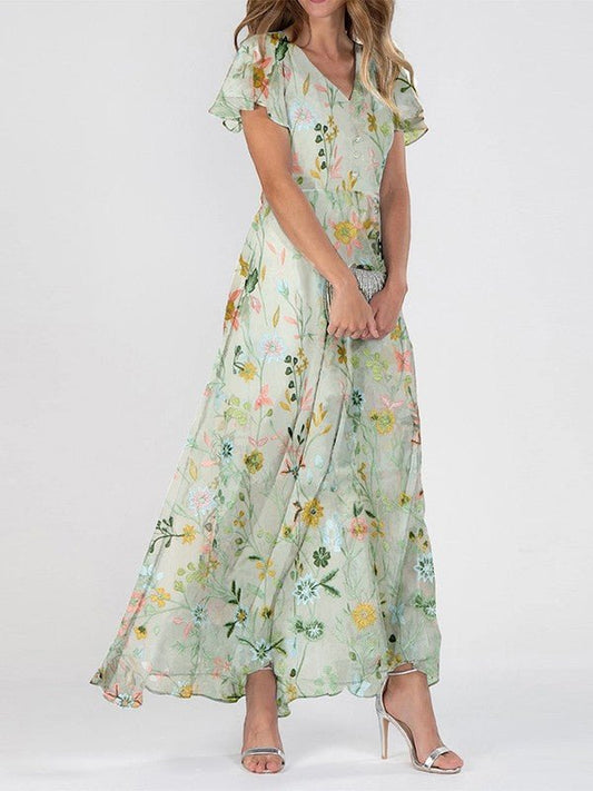 Women's V-Neck Floral Print Maxi Dress