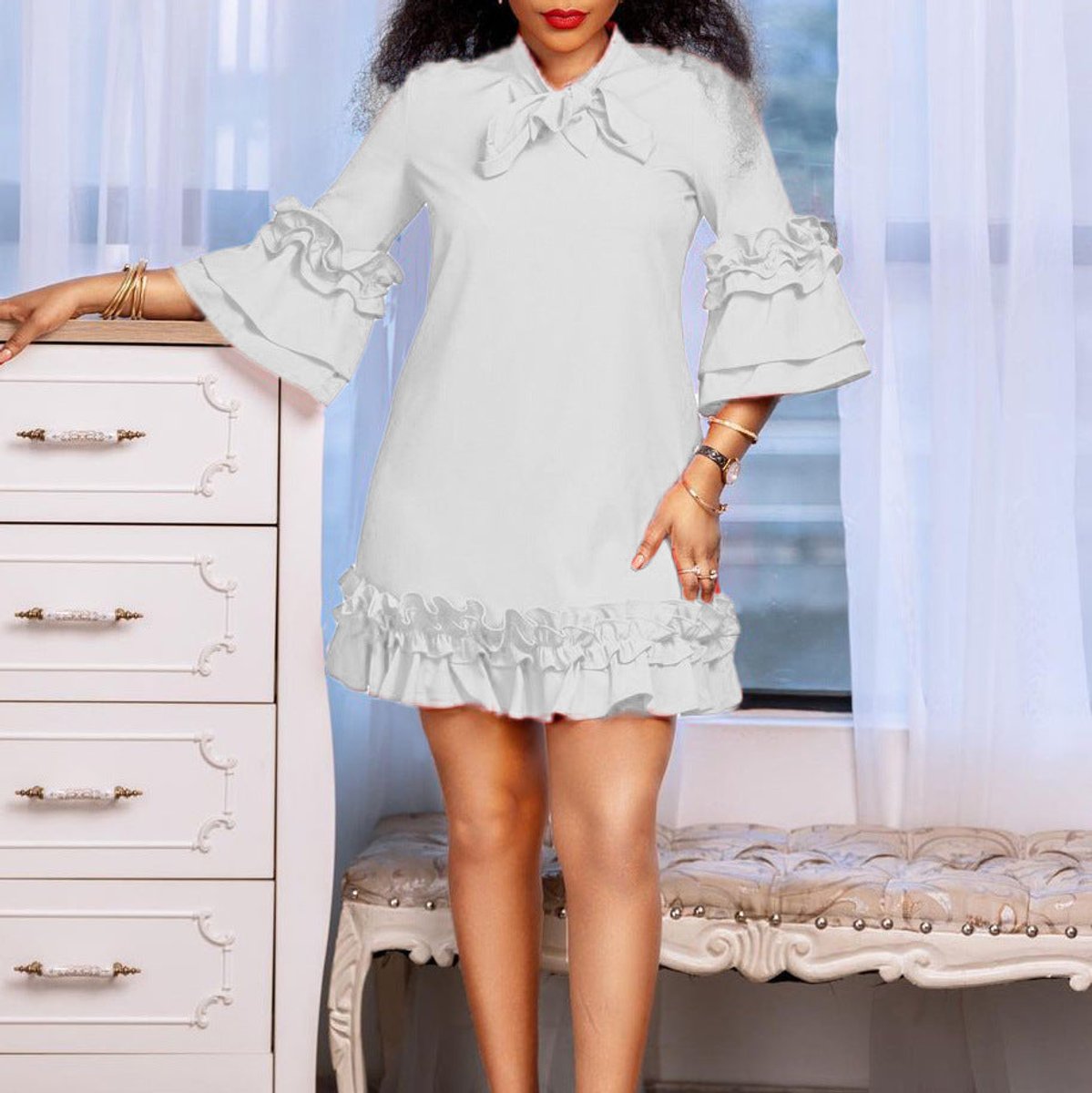 Women's 3/4-Sleeve Tunic Dress with Ruffled Bow Neckline
