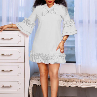 Women's 3/4-Sleeve Tunic Dress with Ruffled Bow Neckline