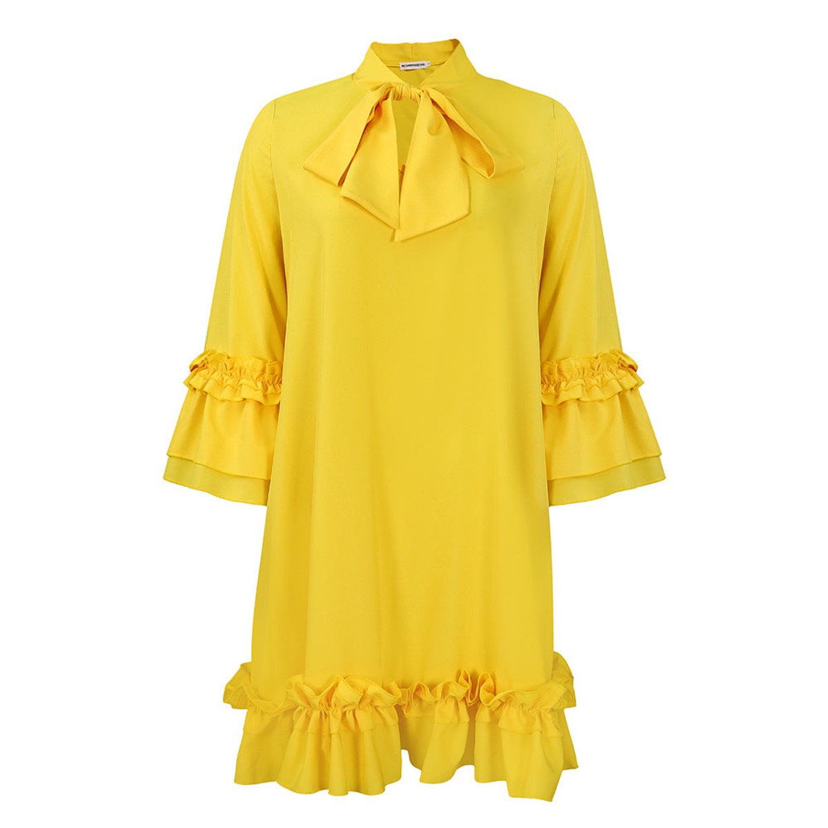 Women's 3/4-Sleeve Tunic Dress with Ruffled Bow Neckline