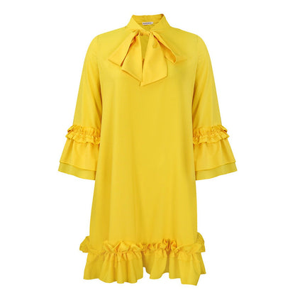 Women's 3/4-Sleeve Tunic Dress with Ruffled Bow Neckline