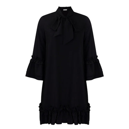 Women's 3/4-Sleeve Tunic Dress with Ruffled Bow Neckline