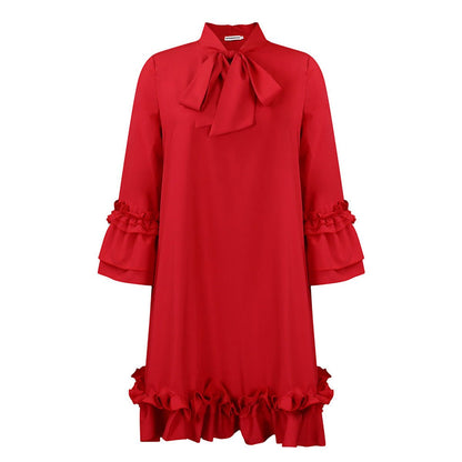 Women's 3/4-Sleeve Tunic Dress with Ruffled Bow Neckline