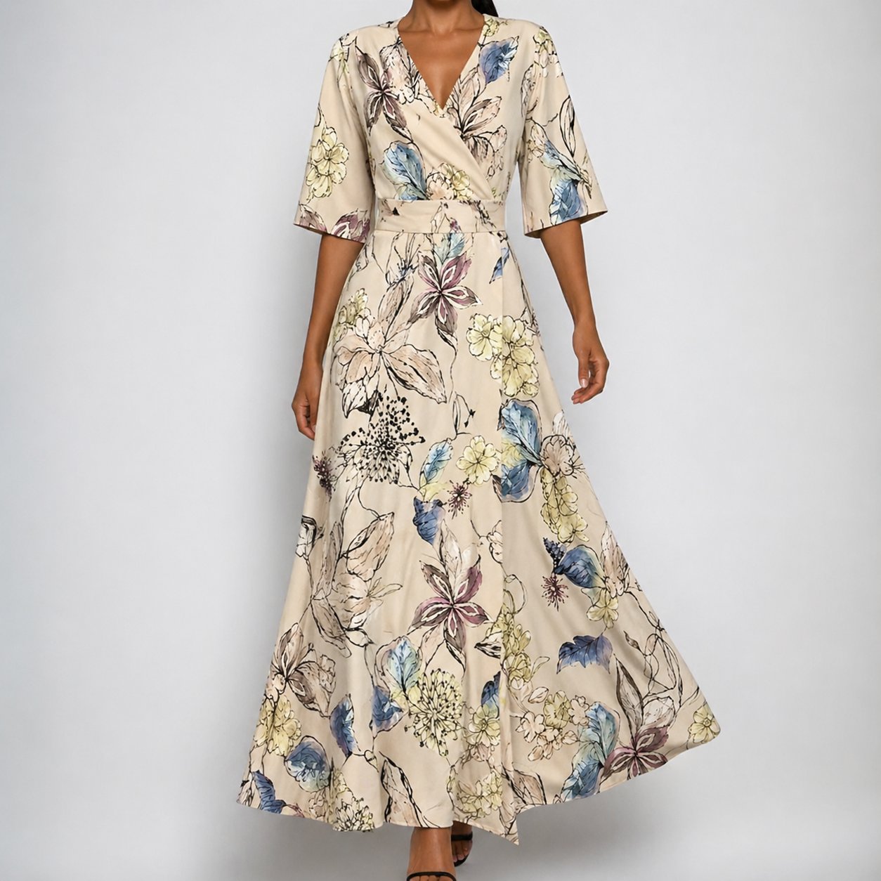 Women's Belted Floral Satin Wrap Maxi Dress with V-Neck