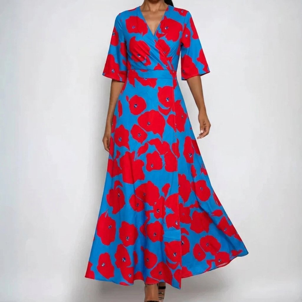 Women's Belted Floral Satin Wrap Maxi Dress with V-Neck