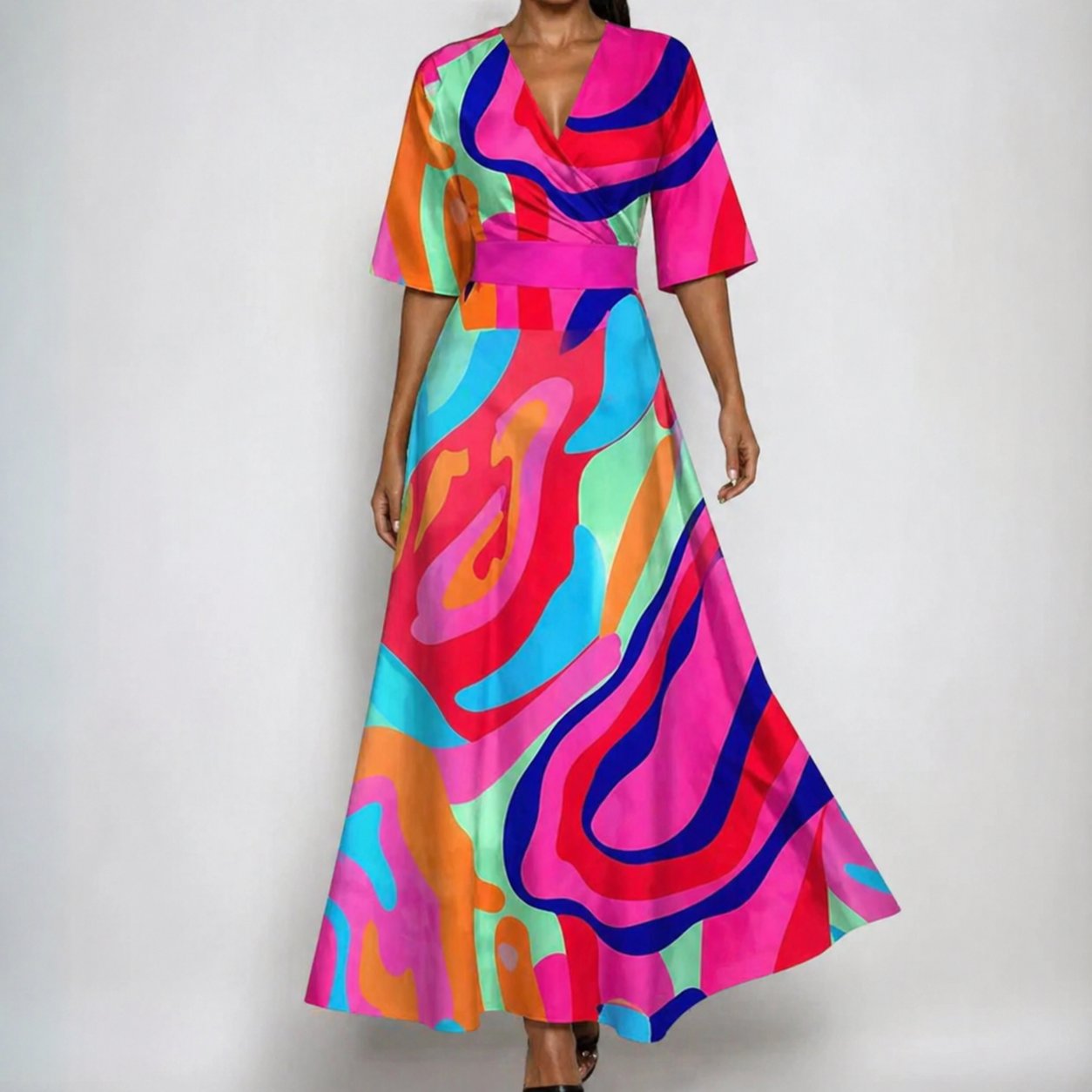 Women's Belted Floral Satin Wrap Maxi Dress with V-Neck