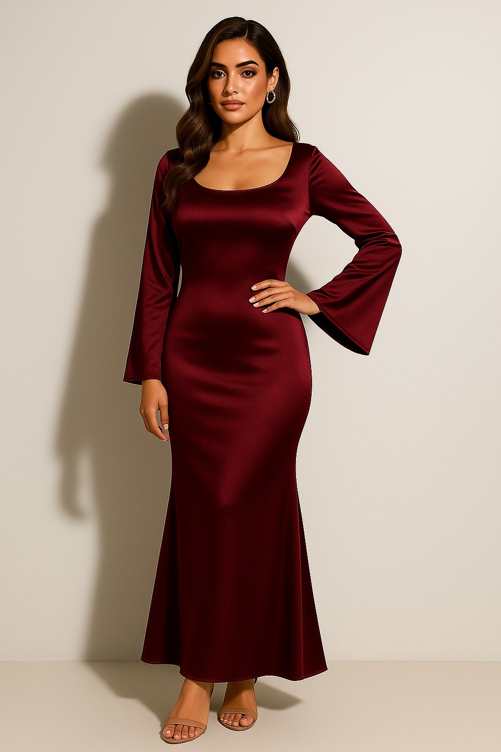 Women's Scoop Neck Satin Fishtail Maxi Dress with Long Sleeves