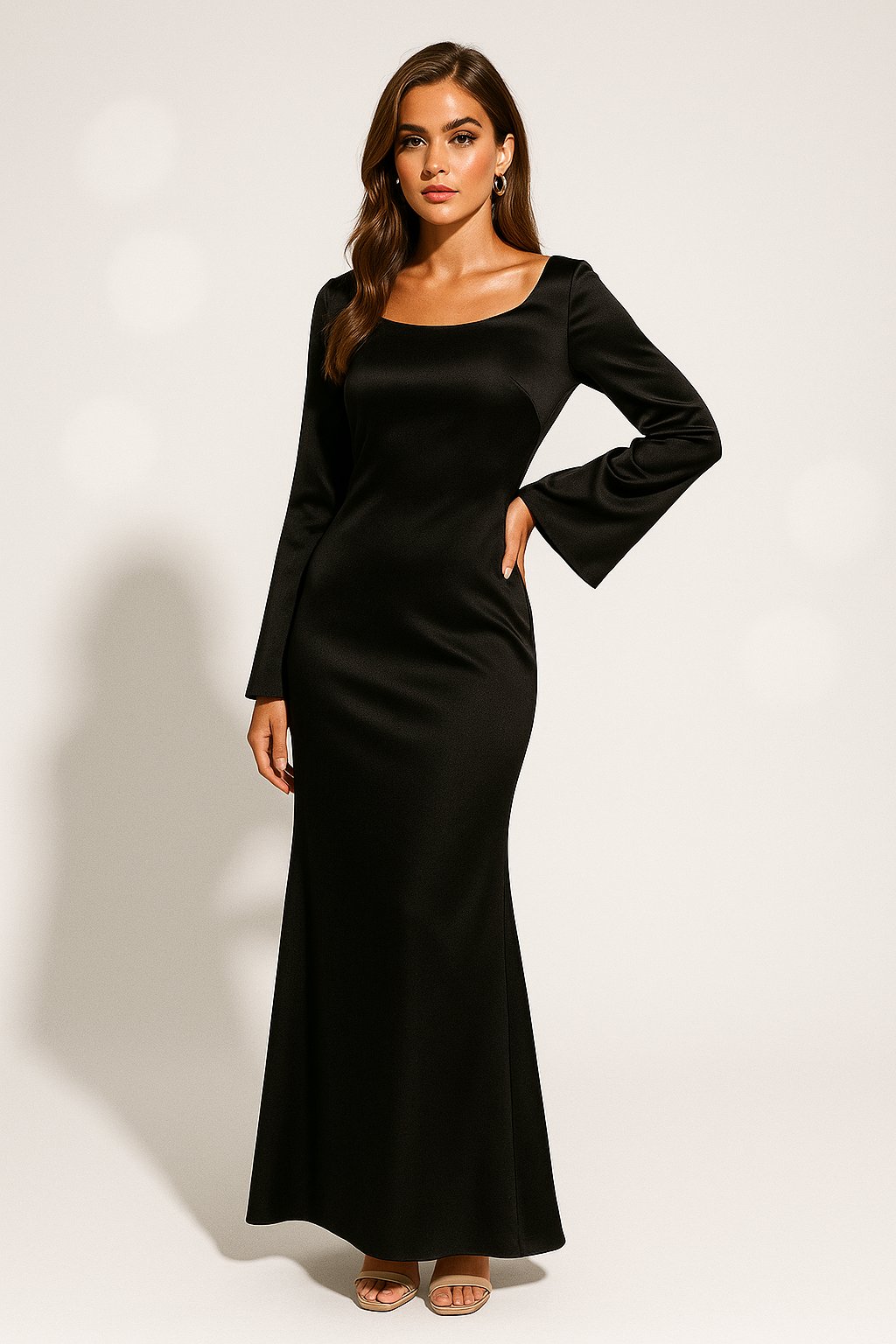 Women's Scoop Neck Satin Fishtail Maxi Dress with Long Sleeves