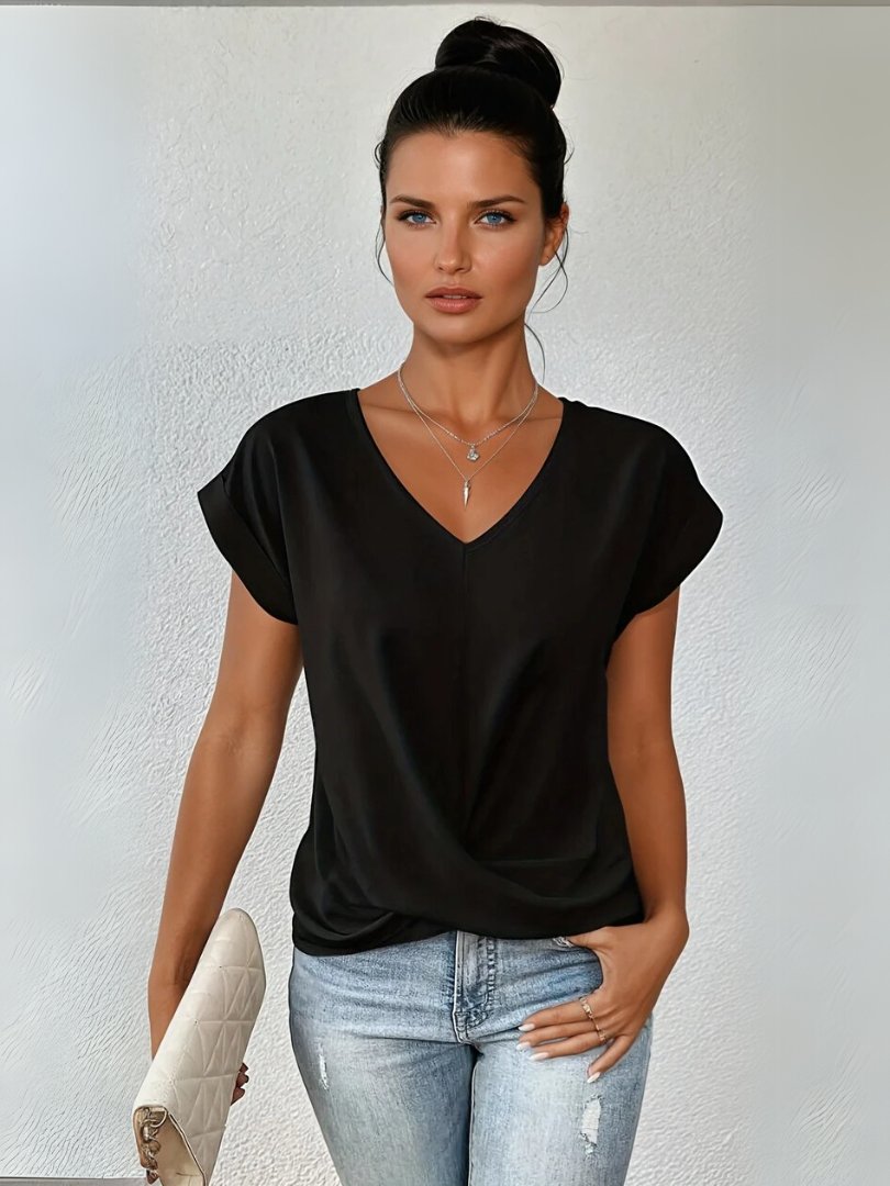 Women's Short-Sleeve Twisted Front Satin V-Neck Blouse