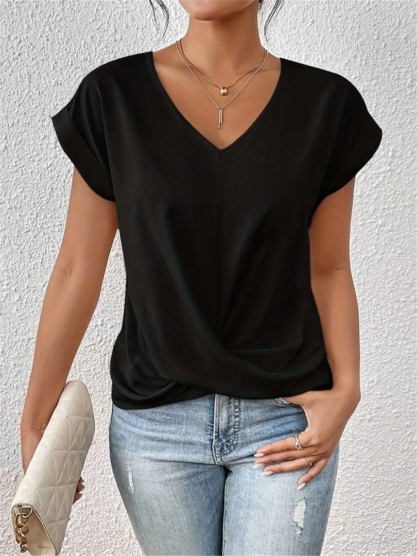 Women's Short-Sleeve Twisted Front Satin V-Neck Blouse