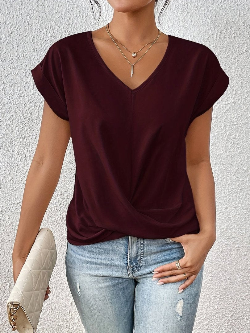 Women's Short-Sleeve Twisted Front Satin V-Neck Blouse