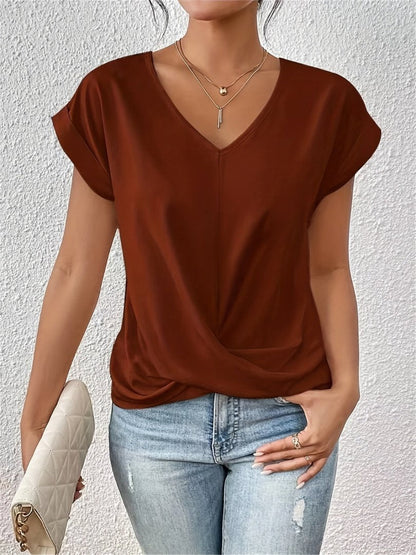Women's Short-Sleeve Twisted Front Satin V-Neck Blouse