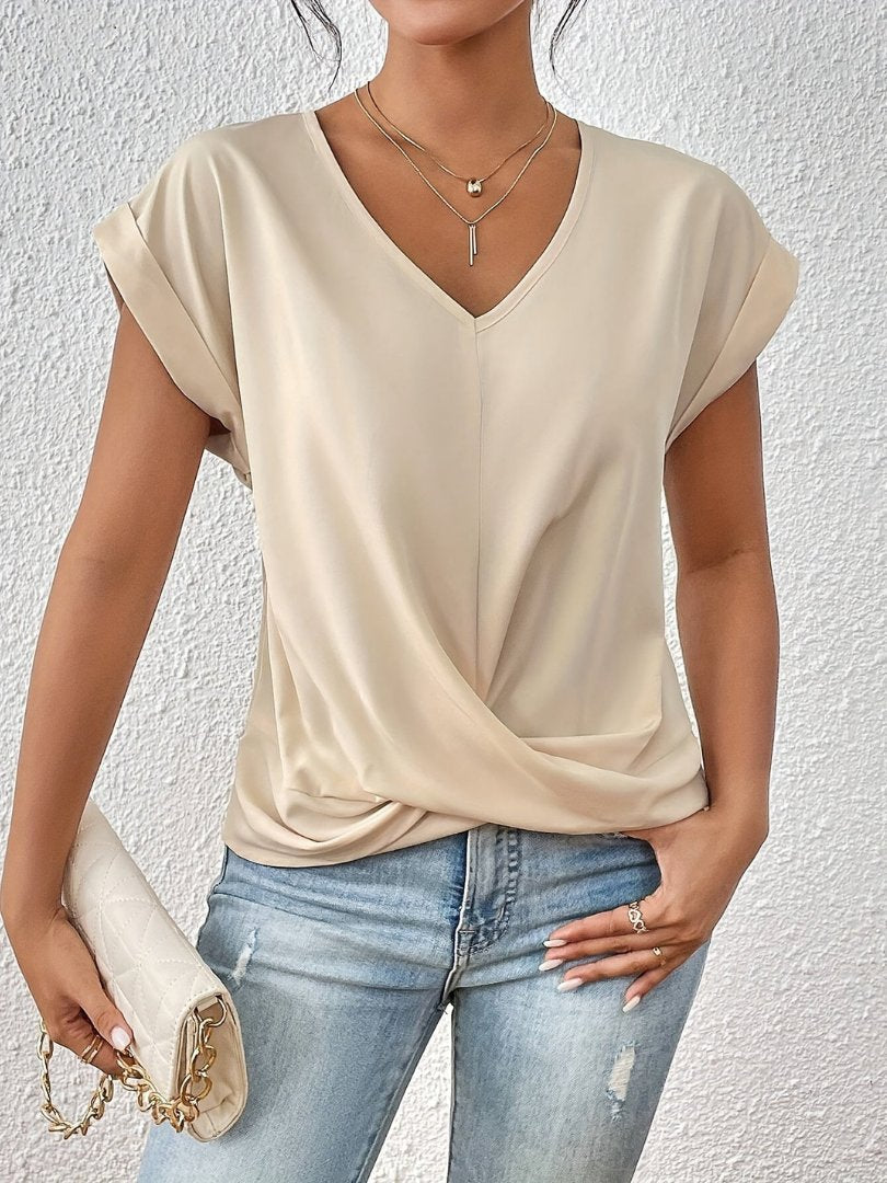 Women's Short-Sleeve Twisted Front Satin V-Neck Blouse
