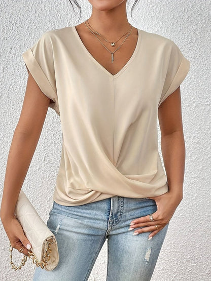 Women's Short-Sleeve Twisted Front Satin V-Neck Blouse