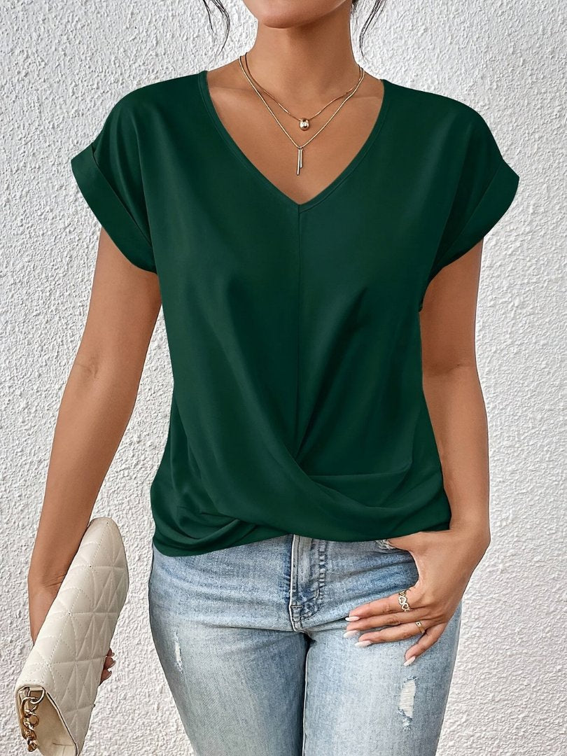 Women's Short-Sleeve Twisted Front Satin V-Neck Blouse