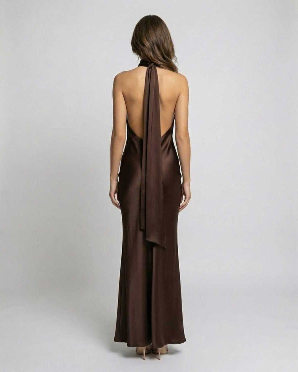 Women's Backless Satin Halter Maxi Gown