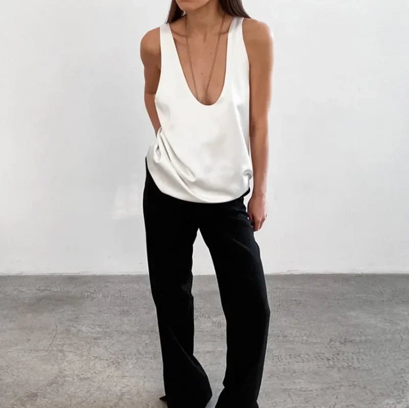 Women's Scoop Neck Loose Satin Sleeveless Top