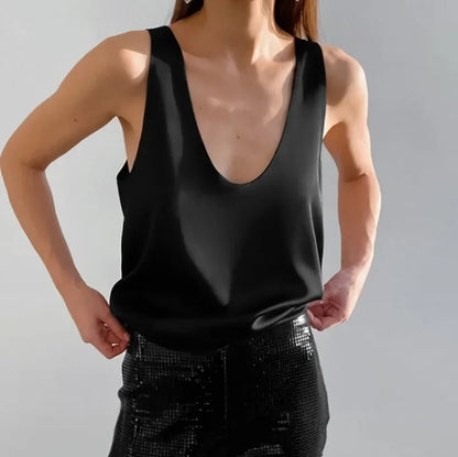 Women's Scoop Neck Loose Satin Sleeveless Top