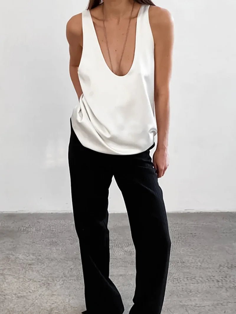 Women's Scoop Neck Loose Satin Sleeveless Top