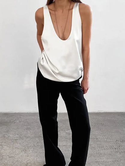 Women's Scoop Neck Loose Satin Sleeveless Top