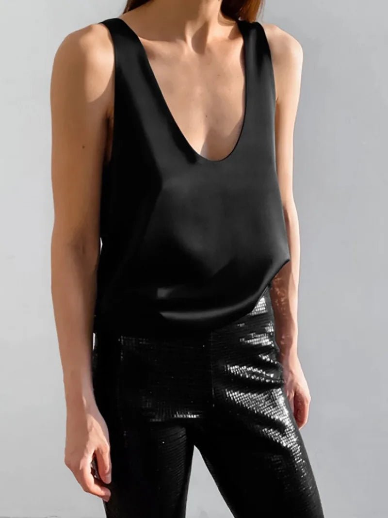 Women's Scoop Neck Loose Satin Sleeveless Top
