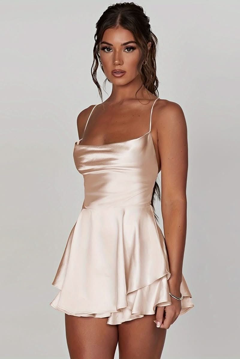 Women's Square-Neck Satin Cocktail Dress with Ruffled Skirt