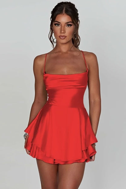 Women's Square-Neck Satin Cocktail Dress with Ruffled Skirt