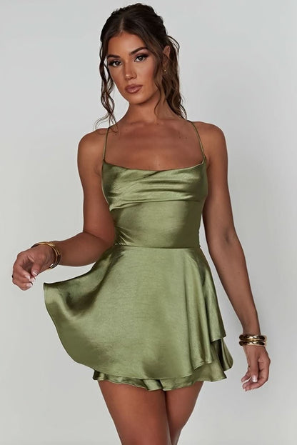 Women's Square-Neck Satin Cocktail Dress with Ruffled Skirt
